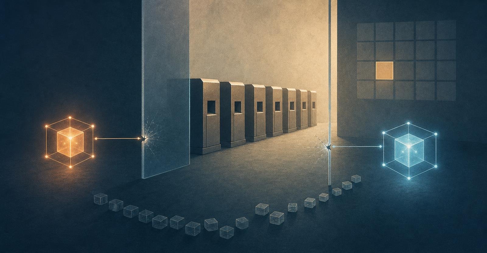 Two glowing nodes separated by a translucent wall, with a row of approved terminals behind it.