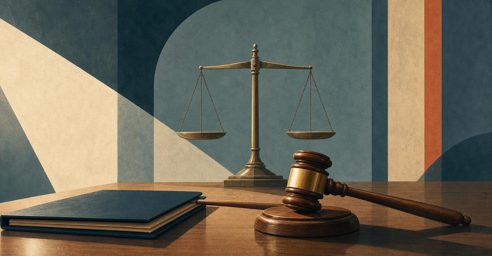 A gavel on a desk beside balanced scales in a beam of light.
