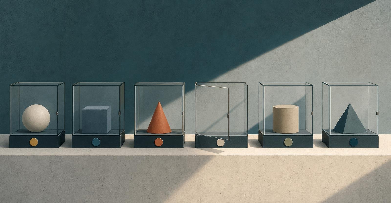 A row of glass cases, one empty and open, on a concrete ledge with colored tags.