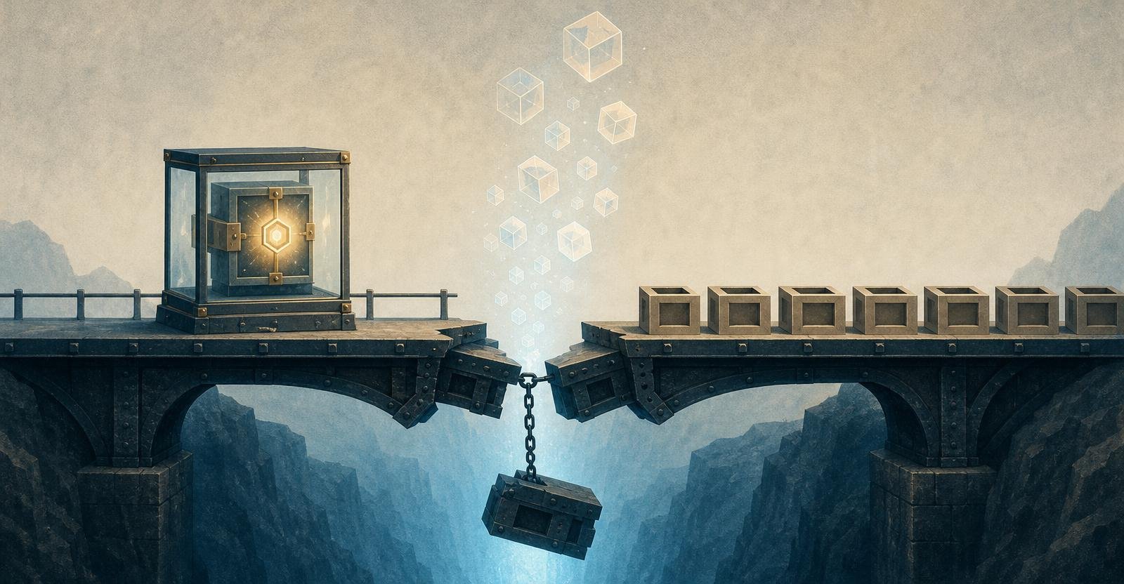 A broken bridge over a dark chasm with glowing cubes drifting upward and an intact glass vault nearby.