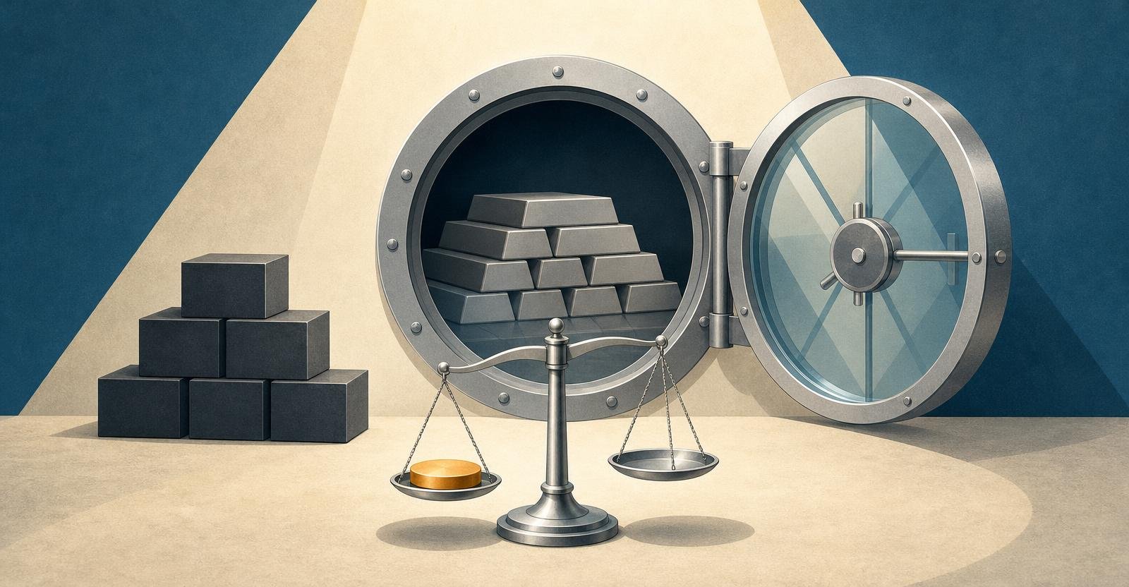 A glass vault door, metal bars, dark blocks, and a balance scale with a blank disc.