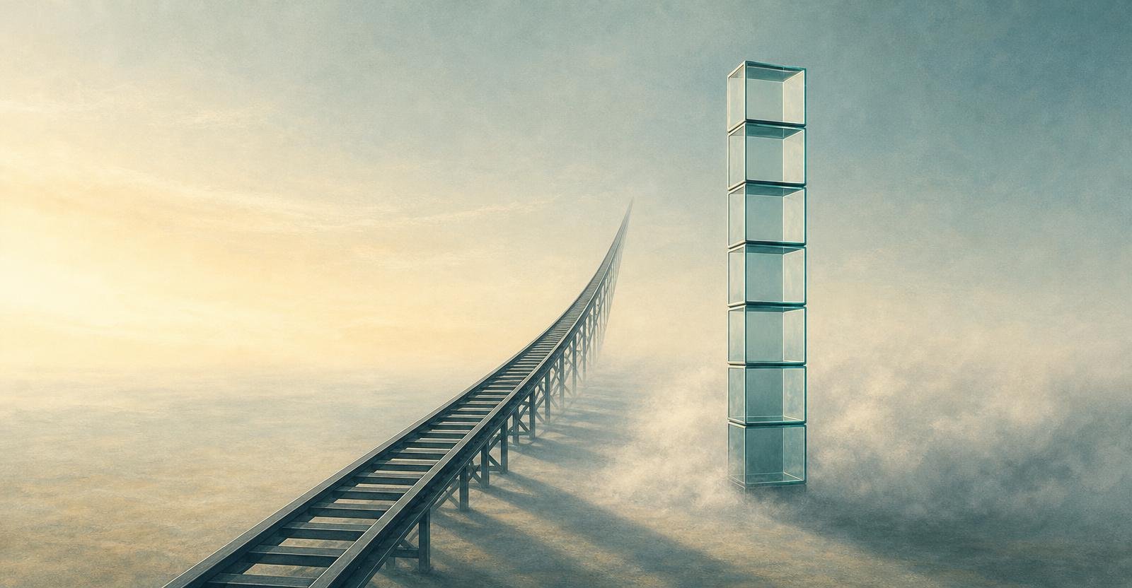 A rising steel track beside a segmented glass column in thinning fog, suggesting steady long-term growth.