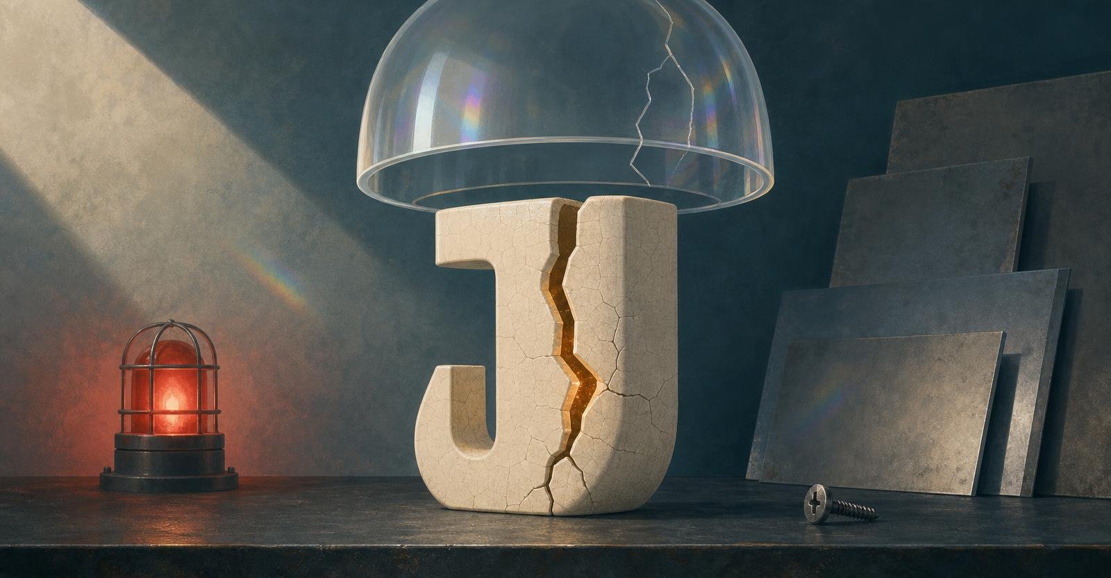 A cracked ceramic conduit and a fractured glass dome on a dark workbench, lit by a red warning lamp.