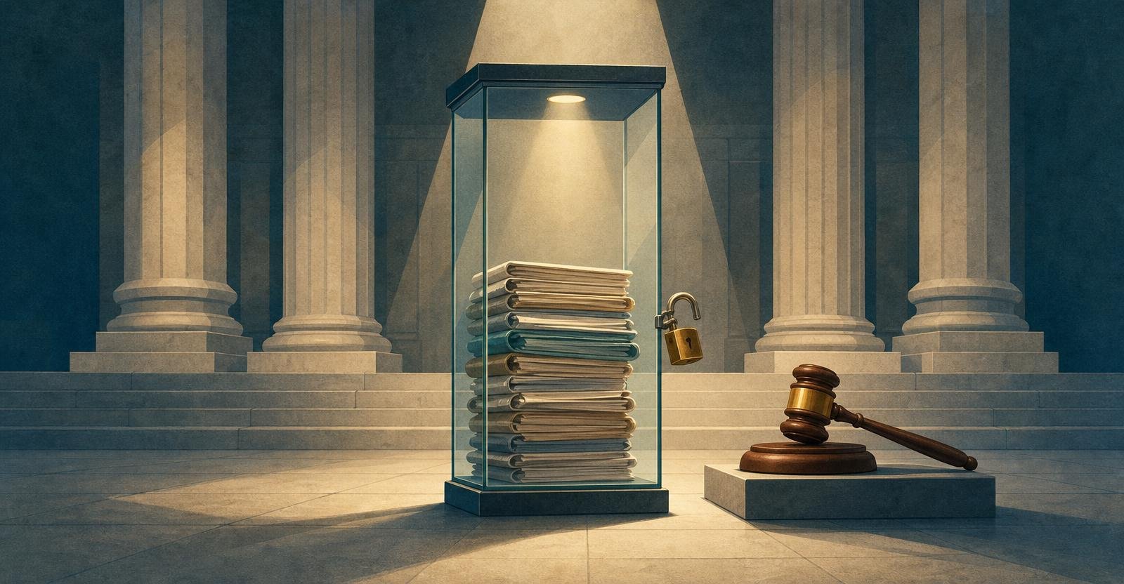 A glass case of documents with an open padlock before a courthouse, a gavel nearby.