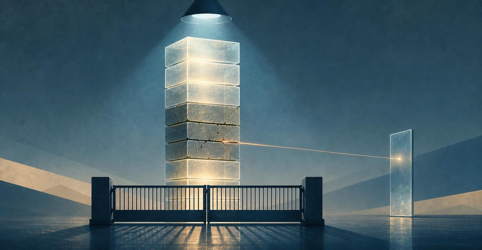 A glowing stack of glass blocks with a sealed gate and light leaking from a cracked gap