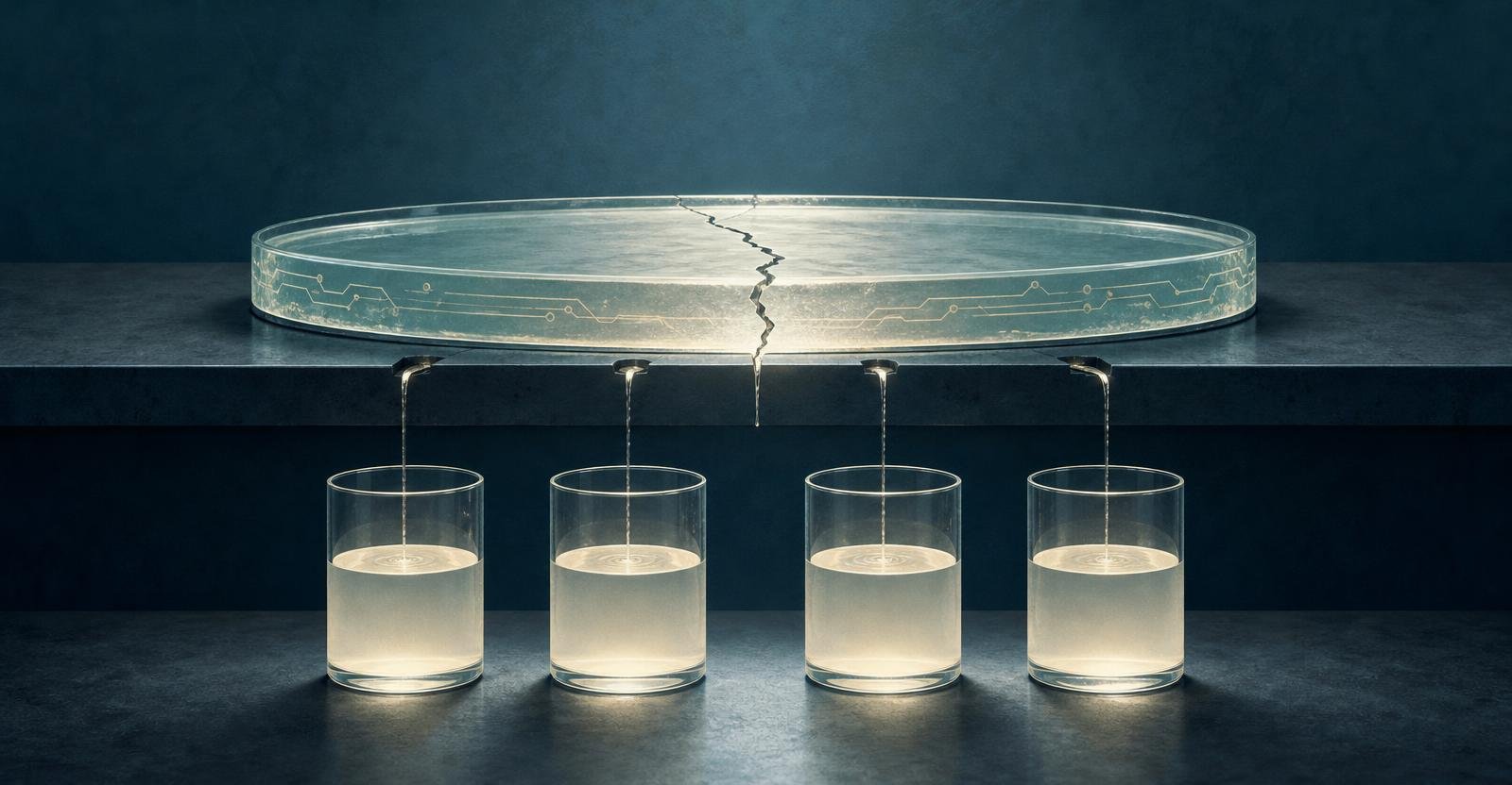 A cracked glass pool leaks into four identical glass vessels on a dark surface.