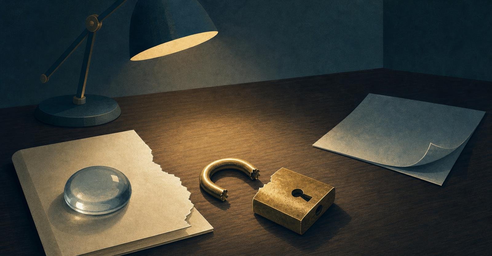 An open broken padlock and two separate documents on a desk under a lamp.