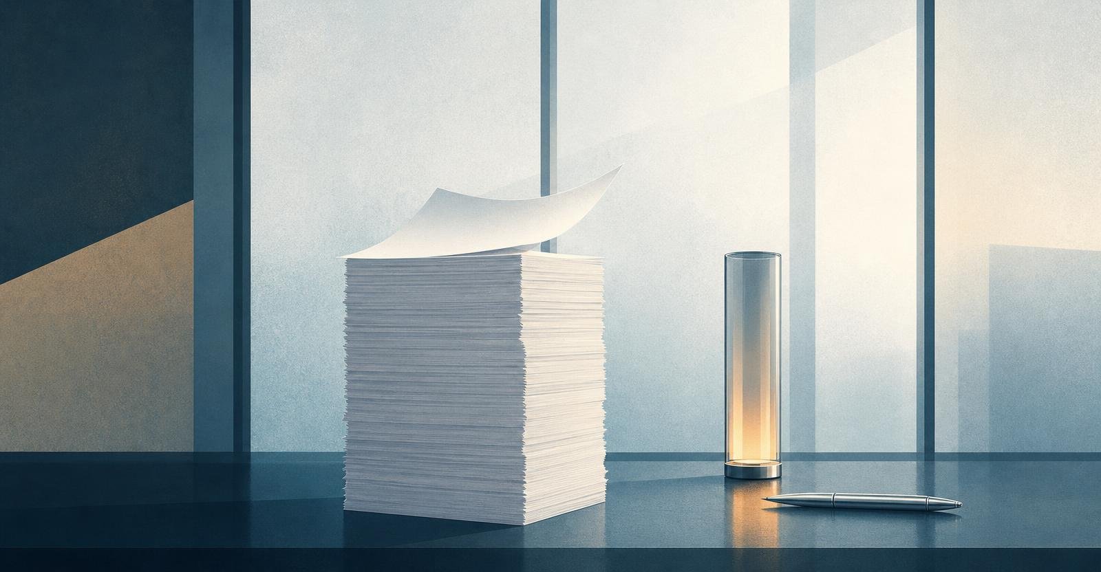 A tall stack of blank white papers on a desk beside a glowing glass column and a steel pen.