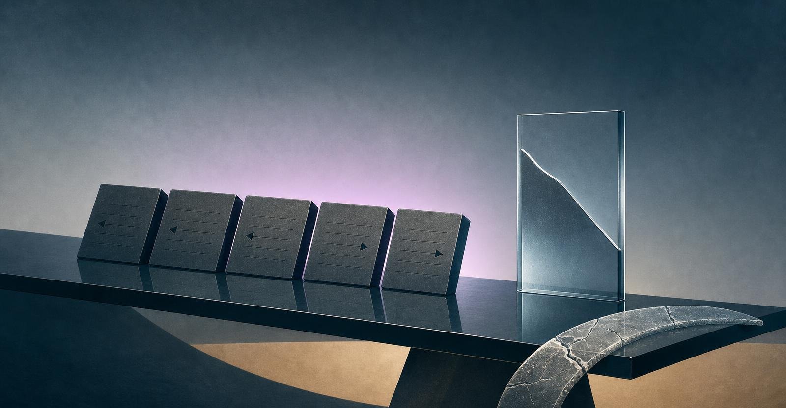 An illustration of slates with diverging lines and a downward-sloping glass ridge under cold light.