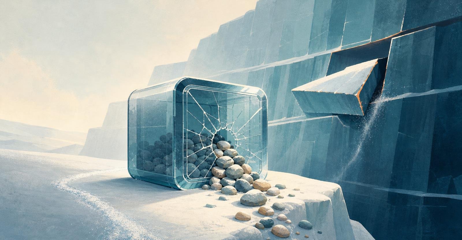 A cracked glass vault on a snowy ledge spills stones beside a splitting ice shelf.