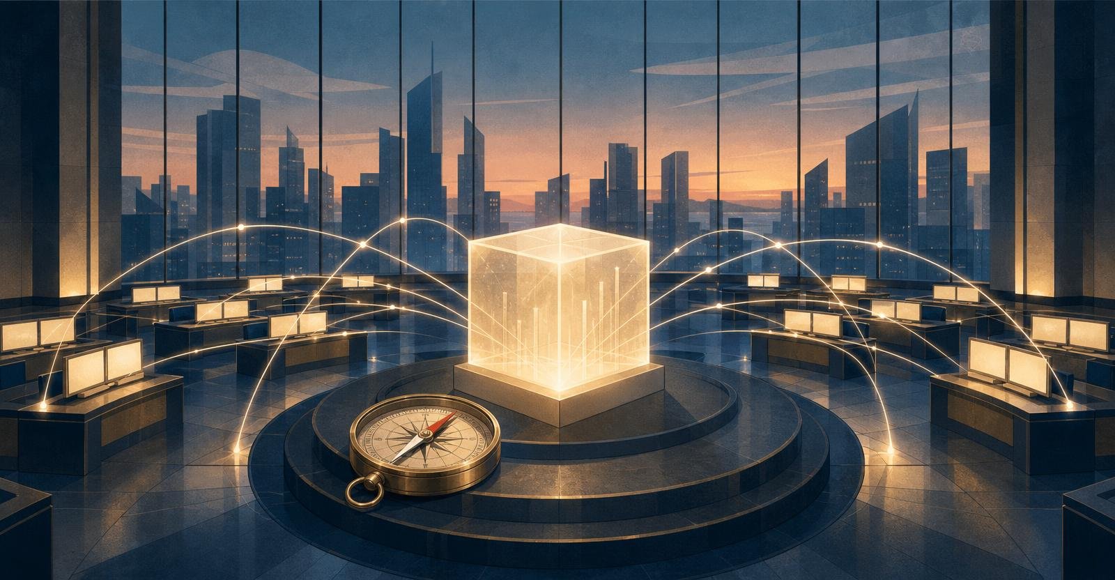 An empty glass trading hall with a glowing central cube and light beams linking it to surrounding desks.