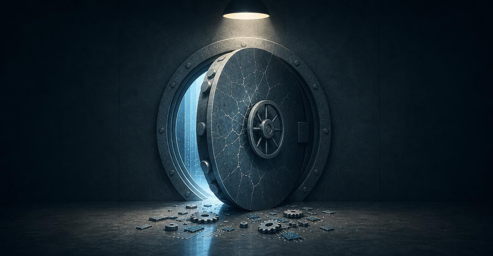 An illustration of a cracked vault door ajar in a dark room with scattered gears and cold light.